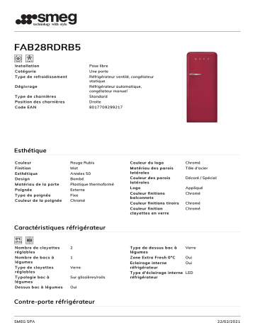 Product information | Smeg FAB28RDRB5 Réfrigérateur 1 porte Product fiche | Fixfr