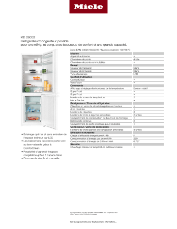 Product information | Miele KD28052WS Réfrigérateur combiné Product fiche | Fixfr