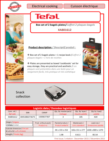Product information | Tefal XA801612 - bagels snack collection Plaque Product fiche | Fixfr