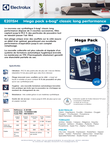 Product information | Electrolux E201SM S bag Long Performance Sac aspirateur Product fiche | Fixfr