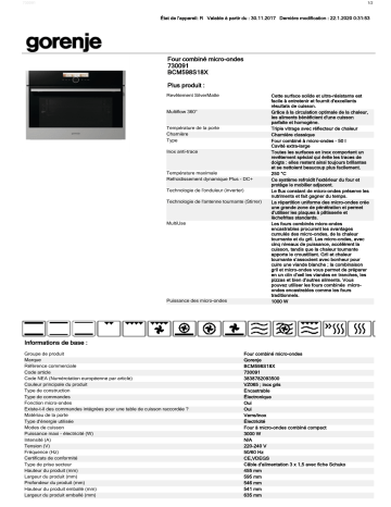 Product information | Gorenje BCM598S18X Micro ondes encastrable Manuel utilisateur | Fixfr