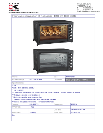 Product information | Kalorik TKG OT 1033 BCRL Mini four Product fiche | Fixfr