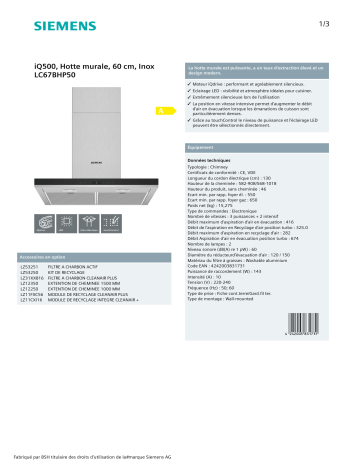 Product information | Siemens LC67BHP50 Hotte décorative murale Product fiche | Fixfr