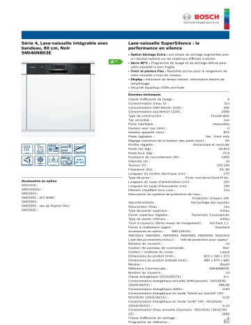 Product information | Bosch SMI46NB03E SERIE 4 Lave vaisselle tout intégrable Product fiche | Fixfr
