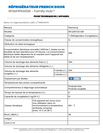 Product information | Samsung RF56M9540SR Family Hub Réfrigérateur multi portes Product fiche | Fixfr
