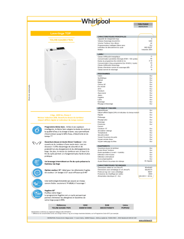Product information | Whirlpool TDLRB6242BSFRN Lave linge top Product fiche | Fixfr