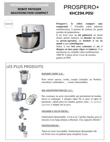 Product information | Kenwood PROSPERO KHC294.P0SI Robot pâtissier Product fiche | Fixfr