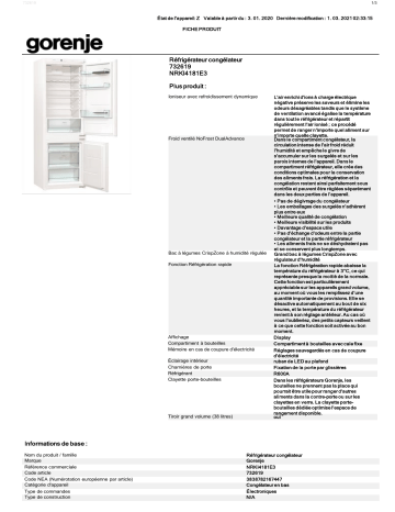 Product information | Gorenje NRKI4181E3 Réfrigérateur combiné encastrable Product fiche | Fixfr