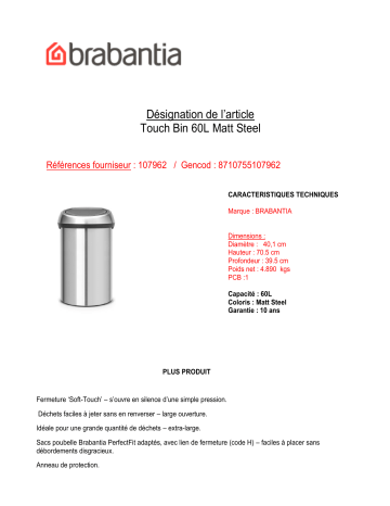 Product information | Brabantia Touch Bin Matt Steel 60 L Poubelle manuelle Product fiche | Fixfr
