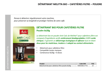 Product information | Melitta Bio poudre pour cafetiere filtre 6x20g Détartrant Product fiche | Fixfr