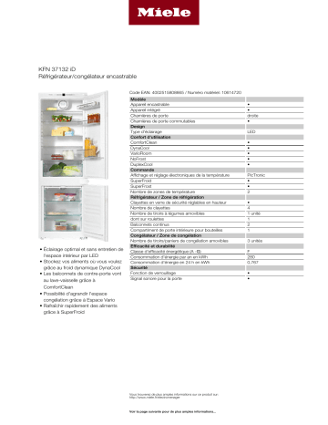 Product information | Miele KFN 37132 iD Réfrigérateur combiné encastrable Product fiche | Fixfr