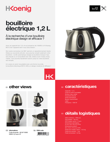 Product information | H.Koenig BO12 1.2L Bouilloire Product fiche | Fixfr