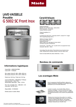 Miele G 5002 SC Front inox Lave vaisselle 60 cm Product fiche