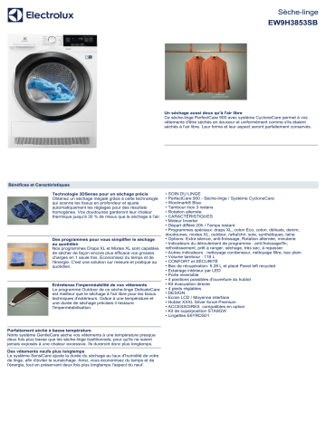 Product information | Electrolux EW9H3853SB Sèche linge pompe à chaleur Product fiche | Fixfr