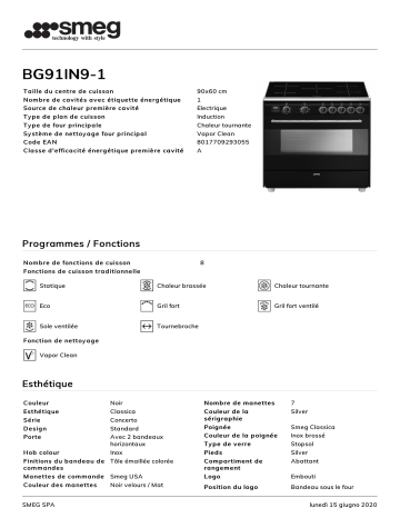 Product information | Smeg BG91IN9-1 Piano de cuisson induction Product fiche | Fixfr