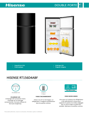 Product information | Hisense RT156D4ABF Réfrigérateur 2 portes Product fiche | Fixfr