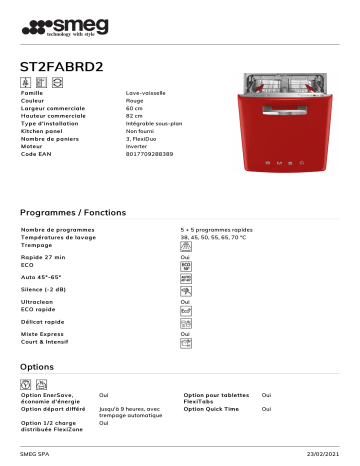 Product information | Smeg ST2FABRD2 Lave vaisselle encastrable Product fiche | Fixfr