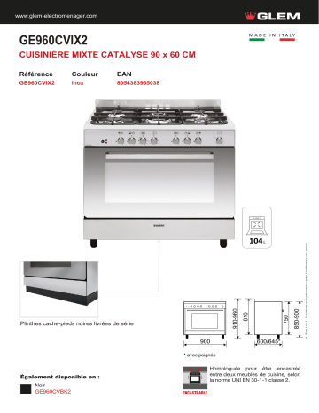 Product information | Glem GE960CVIX2 Piano de cuisson mixte Product fiche | Fixfr