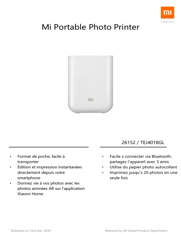 Product information | Xiaomi Blanc Imprimante photo portable Product fiche | Fixfr
