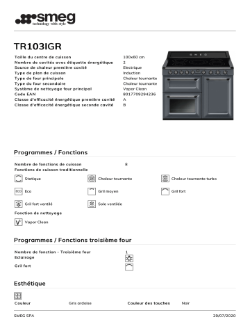 Product information | Smeg TR103IGR Piano de cuisson induction Product fiche | Fixfr