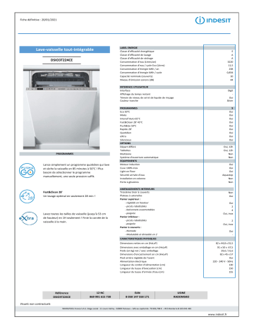 Product information | Indesit DSIO3T224CE Lave vaisselle tout intégrable 45 cm Product fiche | Fixfr