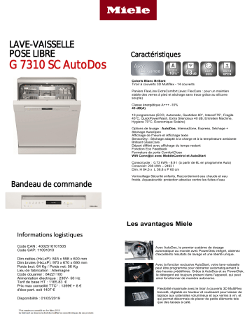 Product information | Miele G 7310 SC AutoDos Lave vaisselle 60 cm Product fiche | Fixfr