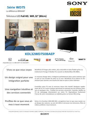 Product information | Sony KDL32WD750 TV LED Product fiche | Fixfr