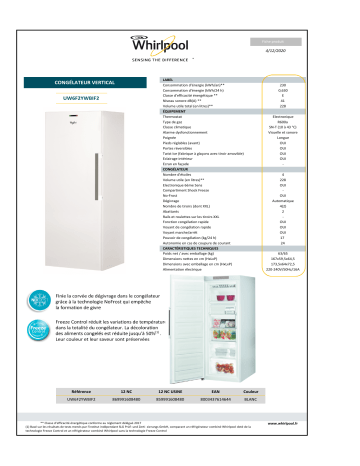 Product information | Whirlpool UW6F2YWBIF2 Congélateur armoire Product fiche | Fixfr