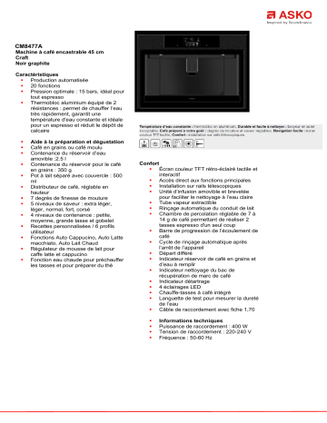 Product information | Asko CM8477A Expresso encastrable Product fiche | Fixfr