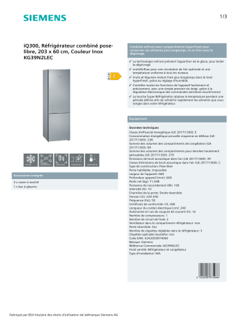 Product information | Siemens KG39N2LEC Réfrigérateur 2 portes Product fiche | Fixfr