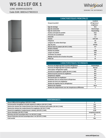 Product information | Whirlpool W5821EFOX1 Réfrigérateur combiné Product fiche | Fixfr