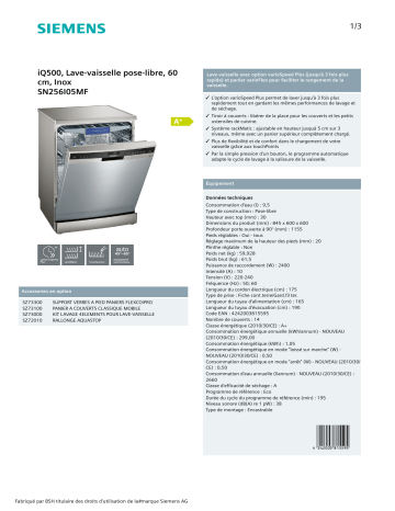 Product information | Siemens SN256I05MF IQ500 Lave vaisselle 60 cm Product fiche | Fixfr
