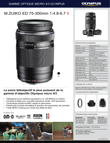 Product information | Olympus 75-300mm f/4.8-6.7 II noir M.Zuiko Objectif pour Hybride Product fiche | Fixfr