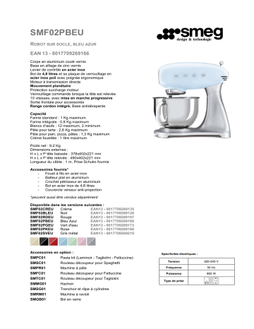 Product information | Smeg SMF02PBEU Bleu Azur Robot pâtissier Product fiche | Fixfr