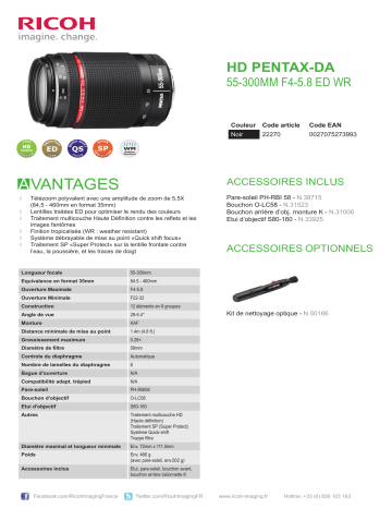 Product information | Pentax SMC DA 55-300mm f/4-5.8 ED WR Objectif pour Reflex Product fiche | Fixfr