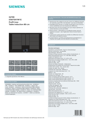 Product information | Siemens EX875KYW1E HOME CONNECT Table induction Product fiche | Fixfr