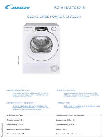 Product information | Candy ERO H11A2TCEX-S Sèche linge pompe à chaleur Product fiche | Fixfr