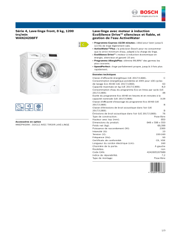 Product information | Bosch WAN24208FF Lave linge hublot Product fiche | Fixfr