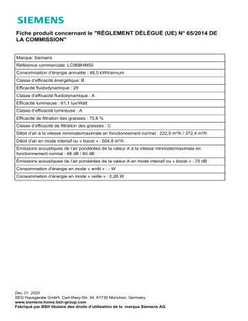 Product information | Siemens LC96BHM50 IQ300 Hotte décorative murale Product fiche | Fixfr