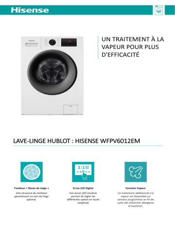 Product information | Hisense WFPV6012EM STEAM Lave linge compact Product fiche | Fixfr
