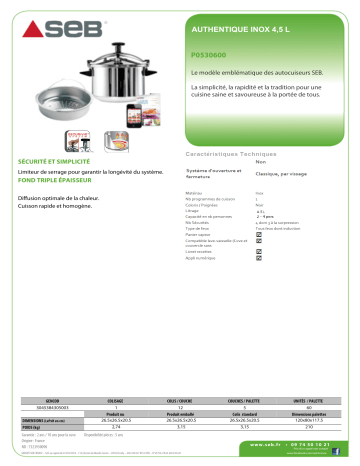 Product information | SEB Authentique 4.5L Autocuiseur Product fiche | Fixfr