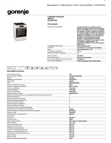 Product information | Gorenje EC5351WA Cuisinière vitrocéramique Manuel utilisateur | Fixfr