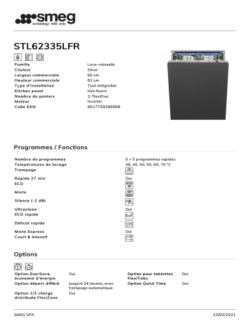 Product information | Smeg STL62335LFR Lave vaisselle tout intégrable Product fiche | Fixfr