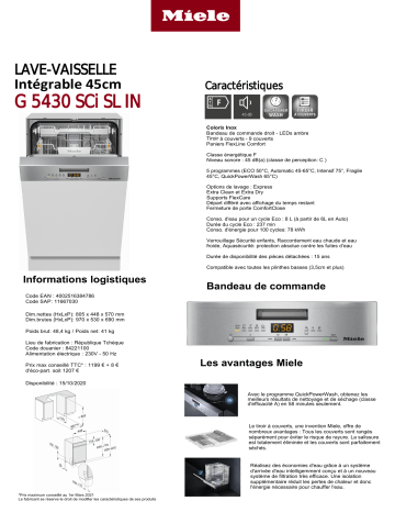 Product information | Miele G 5430 SCi SL IN Lave vaisselle 45cm Product fiche | Fixfr