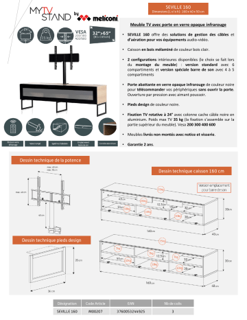Product information | Meliconi Seville 160 cm bois Meuble TV Product fiche | Fixfr