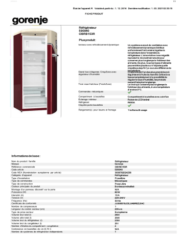 Product information | Gorenje OBRB153R Volkswagen Réfrigérateur 1 porte Product fiche | Fixfr