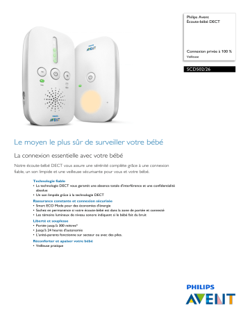 Product information | Philips Avent SCD502/26 Babyphone Product fiche | Fixfr