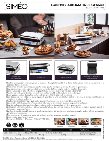 Product information | Simeo GFA540 digital Gaufrier Product fiche | Fixfr