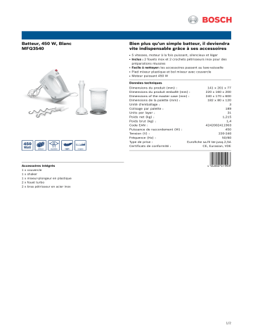Product information | Bosch MFQ3540 Batteur Product fiche | Fixfr