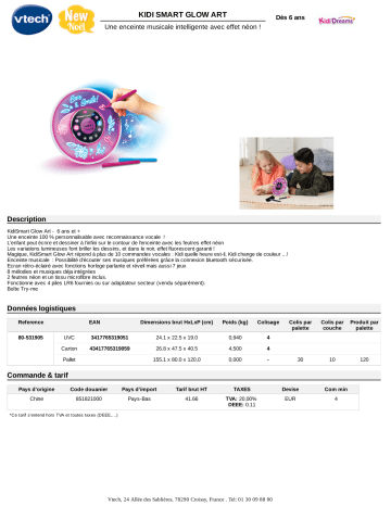 Product information | Vtech Kidi Smart Glow Art Enceinte Bluetooth Product fiche | Fixfr